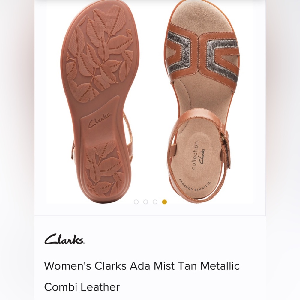 Women's Clarks Ada Mist Tan Metallic Combi Leather Sandal -size 6.5